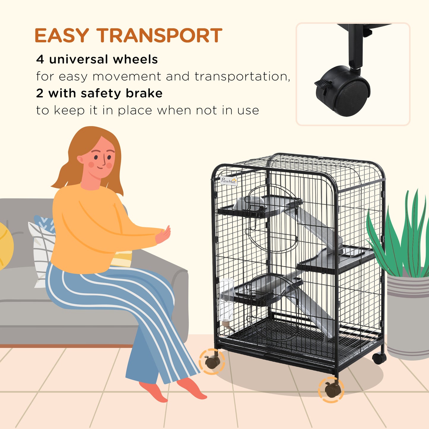 37"H Ferret Cage, 4-Tier Rolling Rabbit Ferret Chinchilla Squirrel Cage with Removable Tray, Platform, Ramp, Food Dish, 
