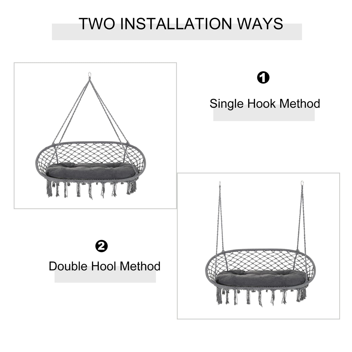 Patio Hammock Chair 2 Seat, Hanging Rope Hammock Swing Chair with Metal Frame and Cushion, Large Macrame Seat for Indoor