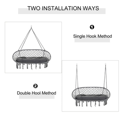 Patio Hammock Chair 2 Seat, Hanging Rope Hammock Swing Chair with Metal Frame and Cushion, Large Macrame Seat for Indoor