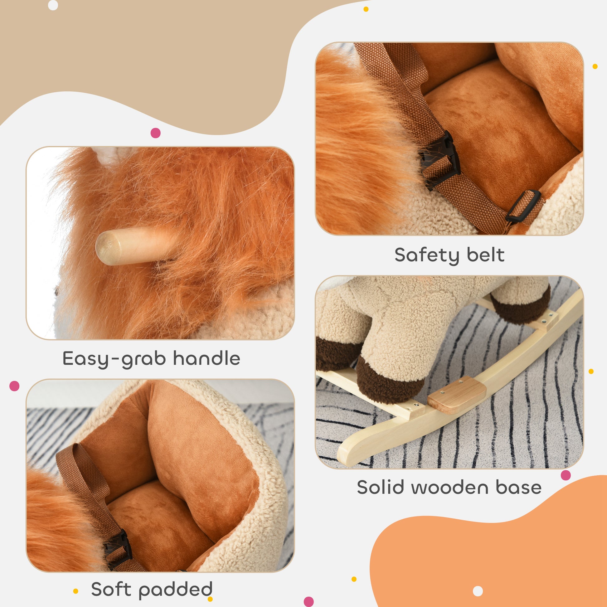 Qaba Baby Rocking Horse Lion Design Plush Stuffed Rocking Chair, Wooden Rocking Horse with Sound, Seat Belt for Boys and