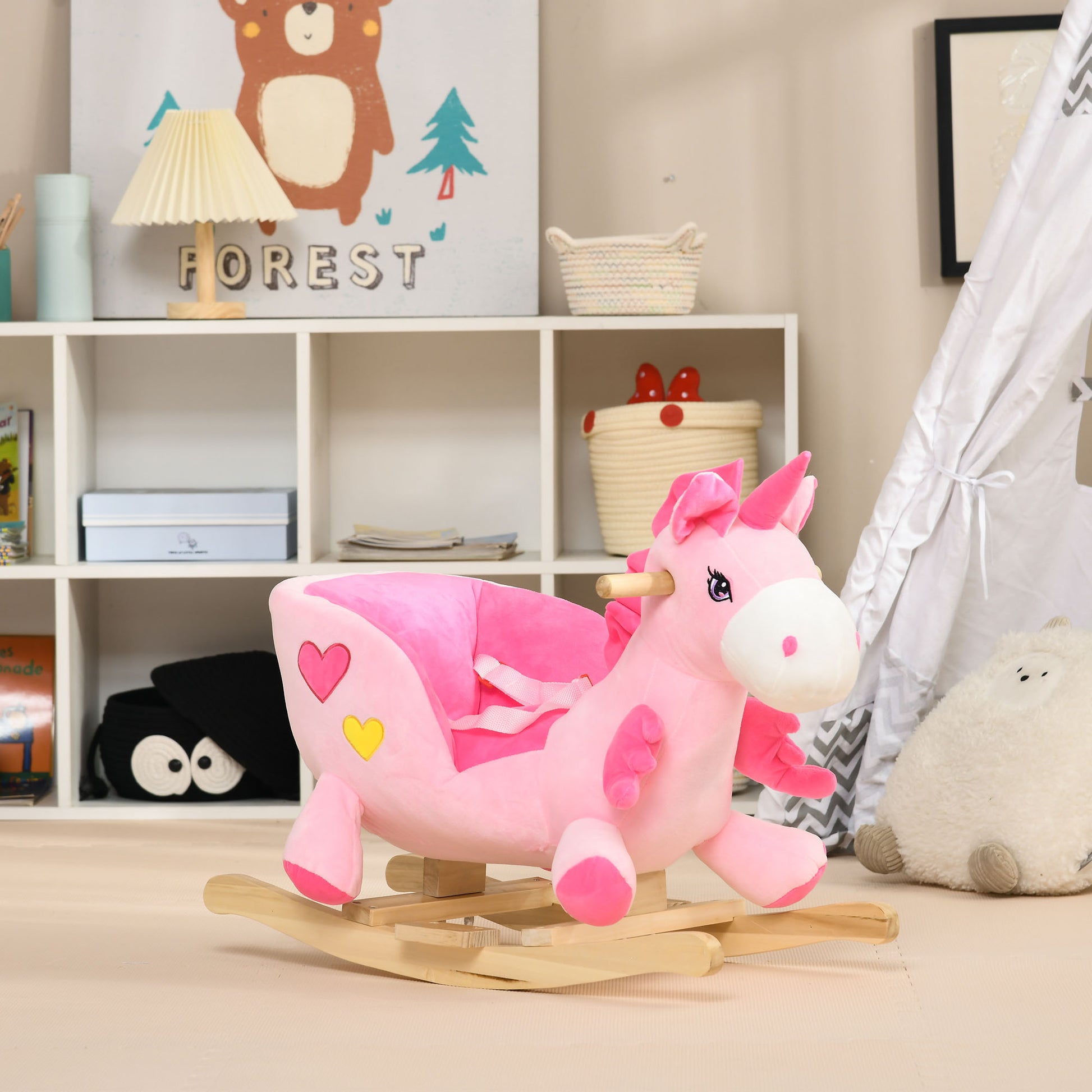 Qaba Baby Rocking Horse, Plush Animal Rocker for Toddlers Aged 18-36 Months, Stuffed Ride Toy with Sounds, Seat Belt, Pi