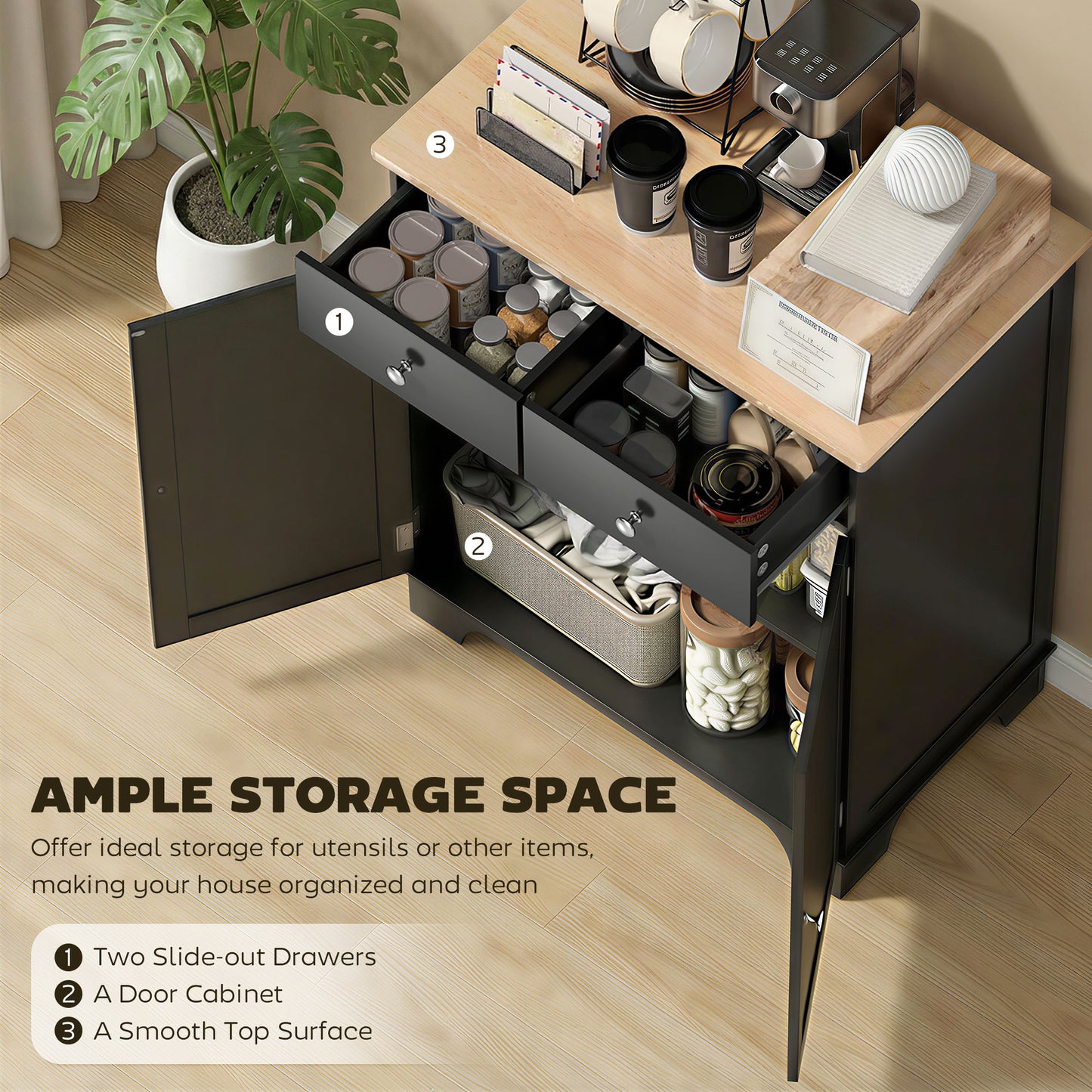 Sideboard Buffet Cabinet with Storage, 27" Kitchen Cabinet with Adjustable Shelf, 2 Drawers and 2 Doors, Coffee Bar Cabi