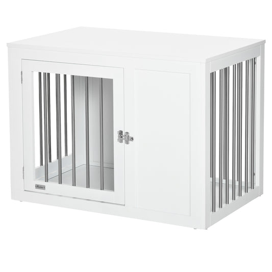 2-in-1 Dog Cage and Side Table, with Two Lockable Doors, for Medium Dogs - White
