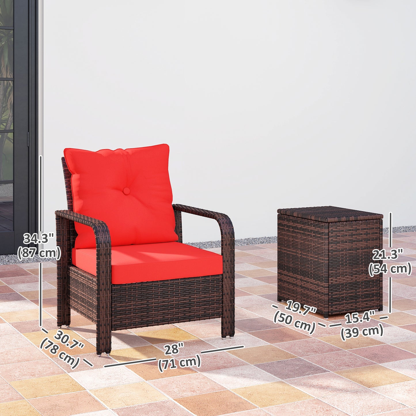 3 Pieces Wicker Patio Furniture Set, Rattan Bistro Set with Storage Coffee Table and Thickened Cushions, Outdoor Convers