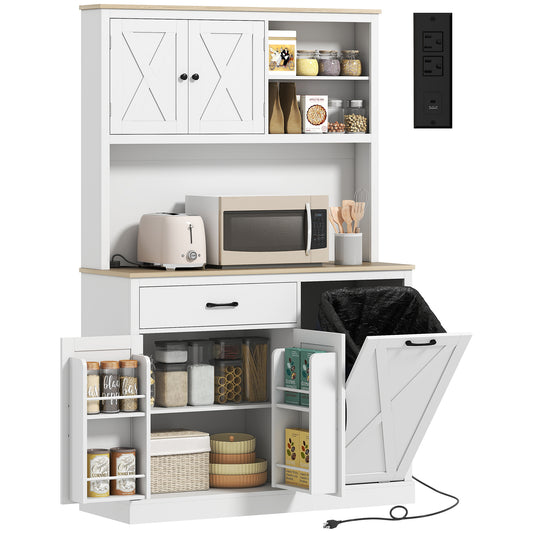 69" Pantry Cabinet with Charging Station, Kitchen Cabinet with Microwave Stand, Tilt-Out Trash Can Cabinet, White