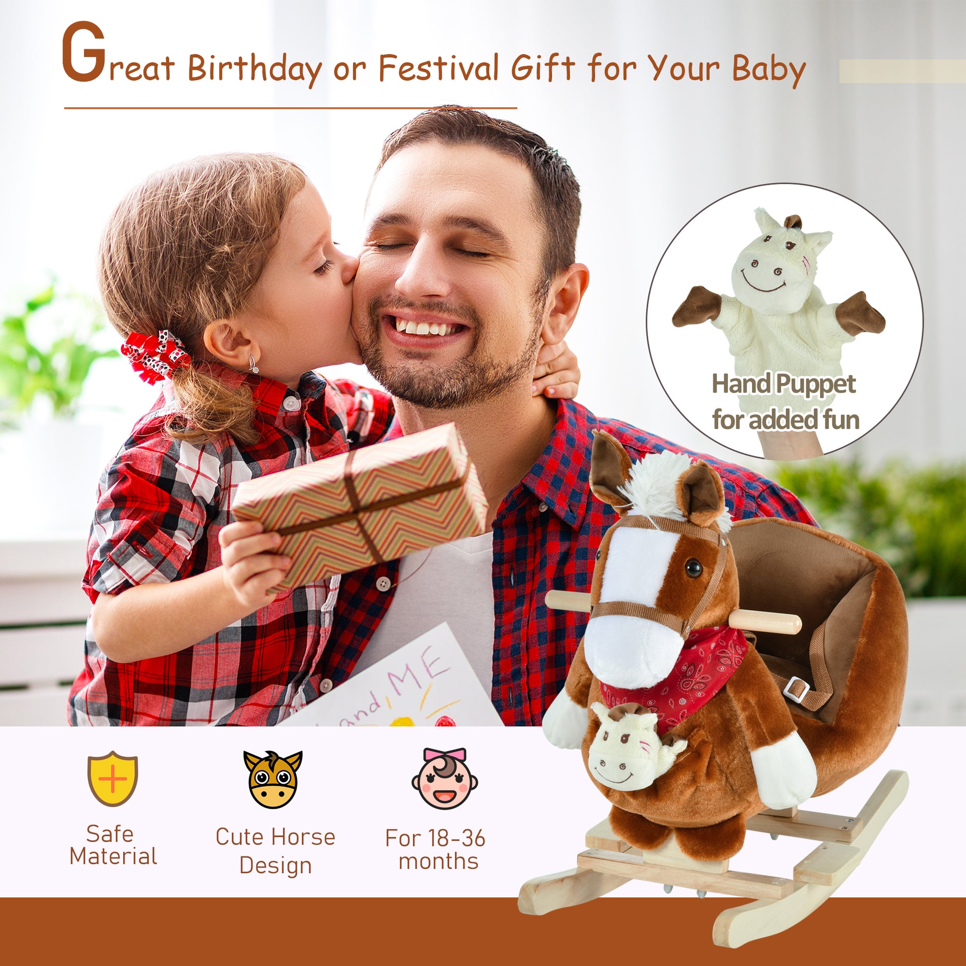 Qaba Baby Rocking Horse, Plush Animal Rocker for Toddlers Aged 18-36 Months, Stuffed Ride Toy with Hand Puppet, Sounds, 