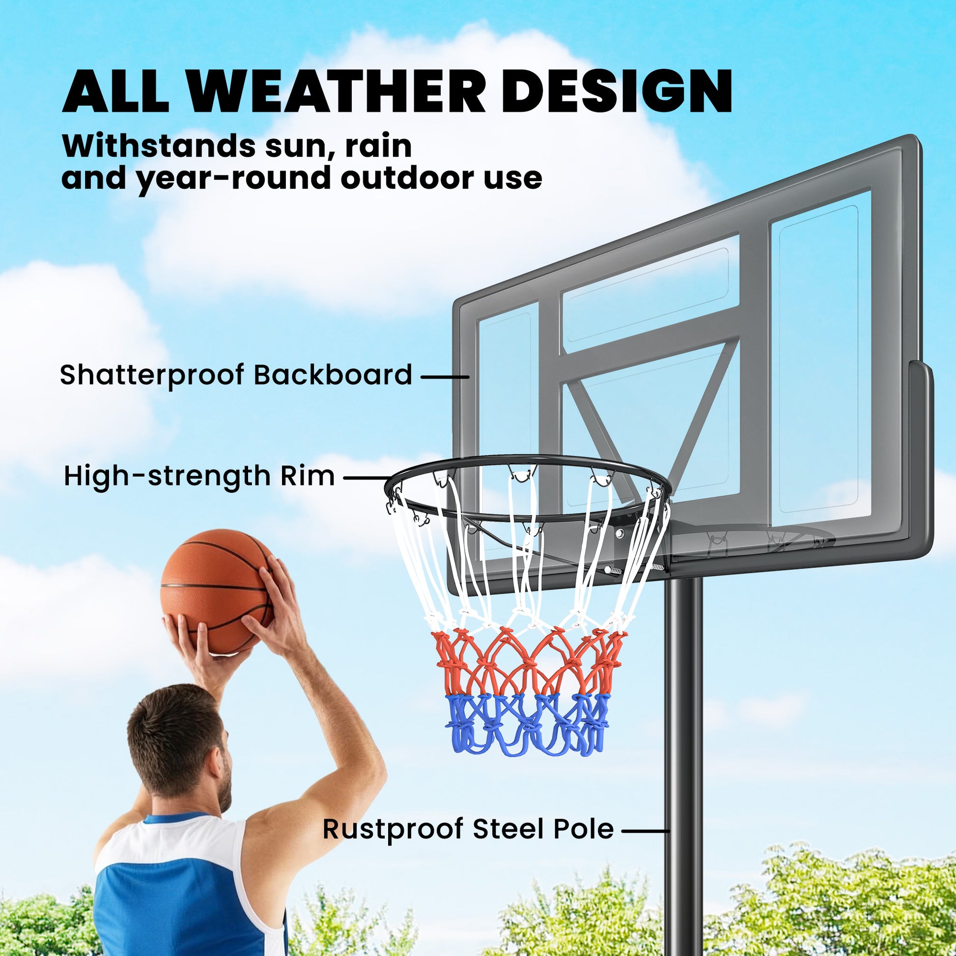 Soozier Basketball Hoop Stand Outdoor, 4.4–10 ft Single Hand Rotation Adjustable with Shatterproof Backboard & Weight Ba