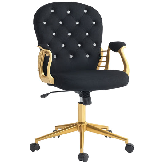Velvet Office Desk Chair Button Tufted Vanity Chair with Swivel Wheels, Adjustable Height and Tilt Function, Black