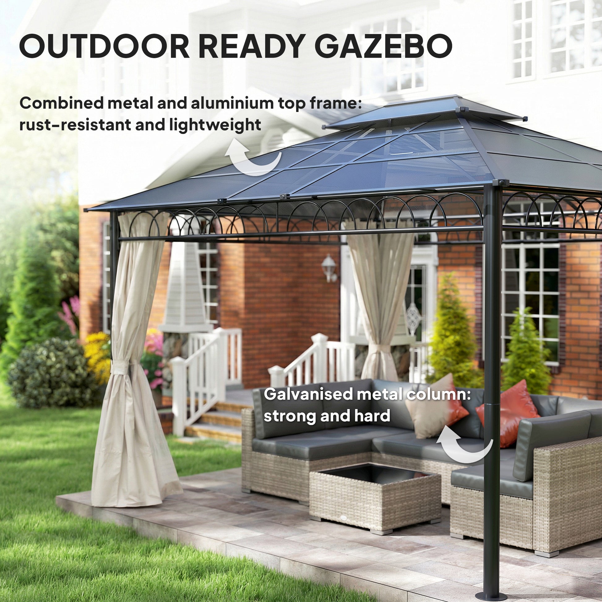 10' x 12' Outdoor Gazebo Canopy, Double Roof Hardtop Gazebo with Polycarbonate Roof, Steel Frame, Nettings and Curtains