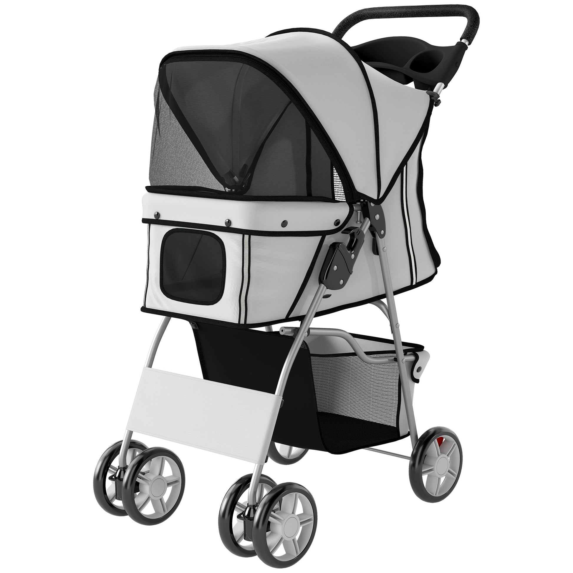 Pet Stroller for Dogs & Cats, Foldable Dog Stroller with Wheels, Reflective Strips, Brake, Pad and Basket, Grey