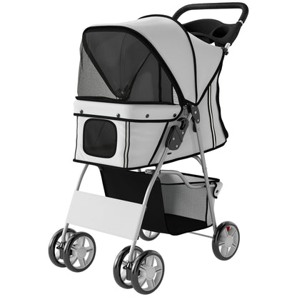 Pet Stroller for Dogs & Cats, Foldable Dog Stroller with Wheels, Reflective Strips, Brake, Pad and Basket, Grey