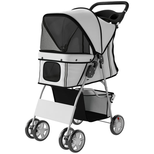 Pet Stroller for Dogs & Cats, Foldable Dog Stroller with Wheels, Reflective Strips, Brake, Pad and Basket, Grey