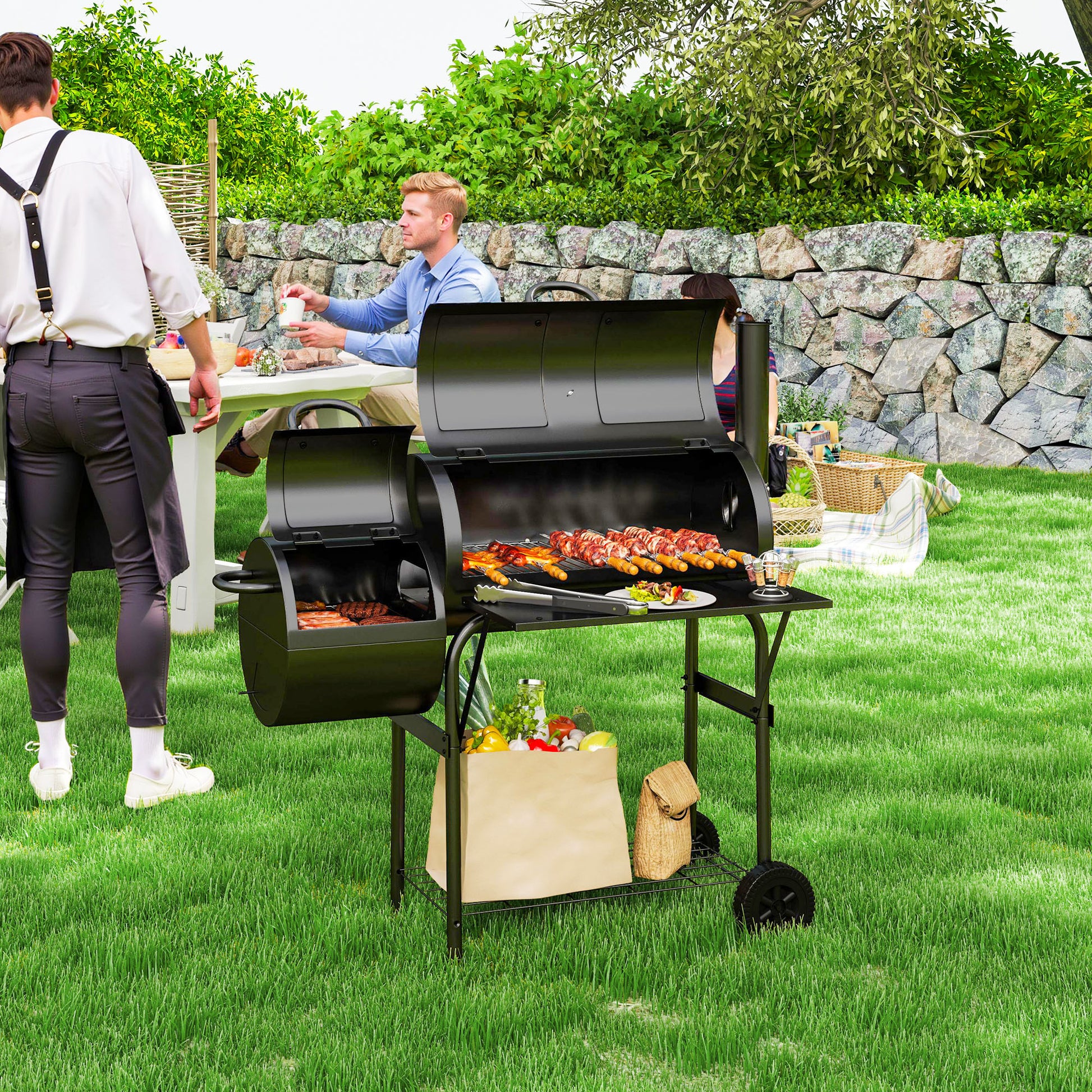 Portable Outdoor Charcoal BBQ Grill with Offset Smoker, Barbecue Grill with Spacious Cooking Area, 2 Shelves, Thermomete