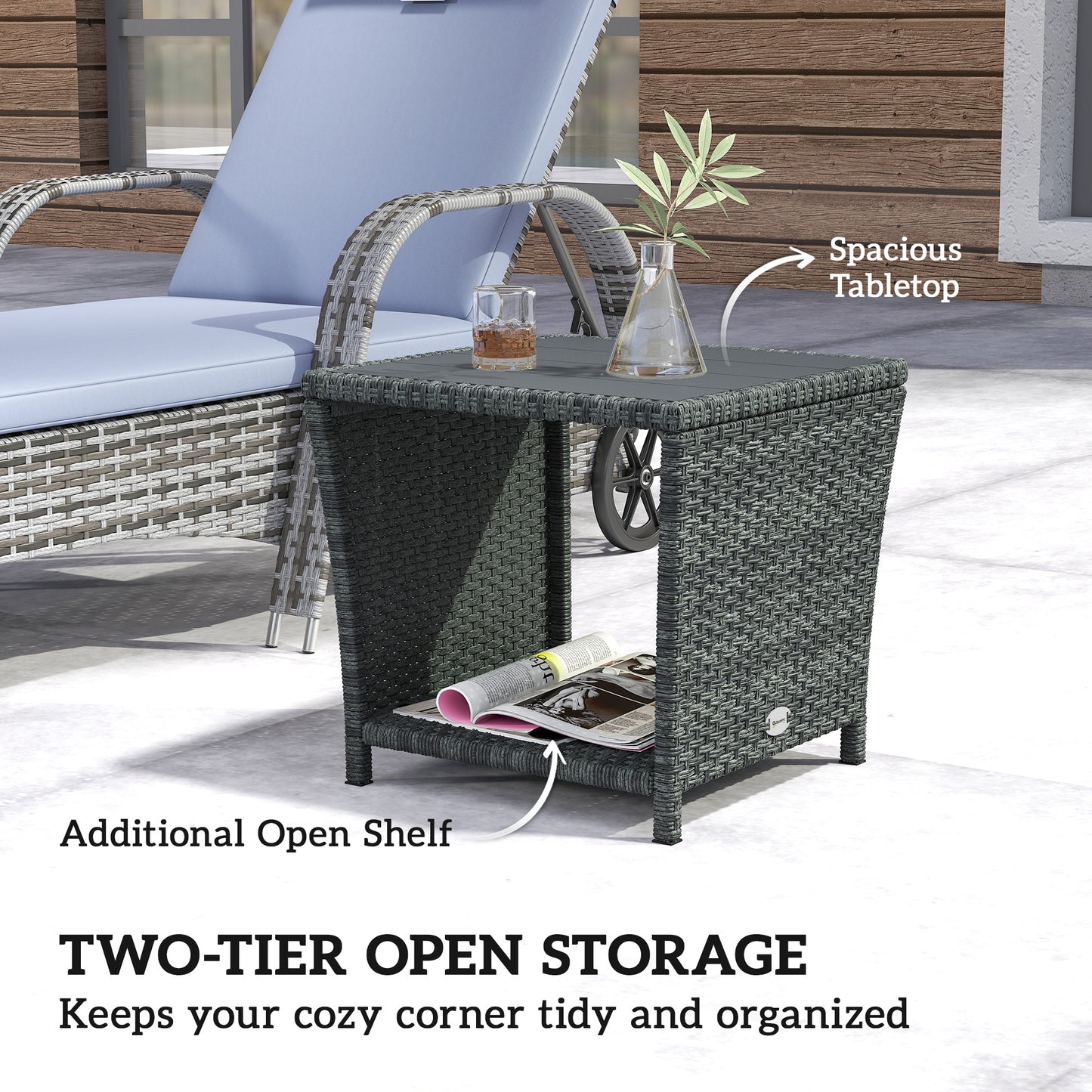 17.7" Wicker Side Table with Storage Shelf, Square PE Rattan Outdoor End Table with PS Wood Slat Top, Grey