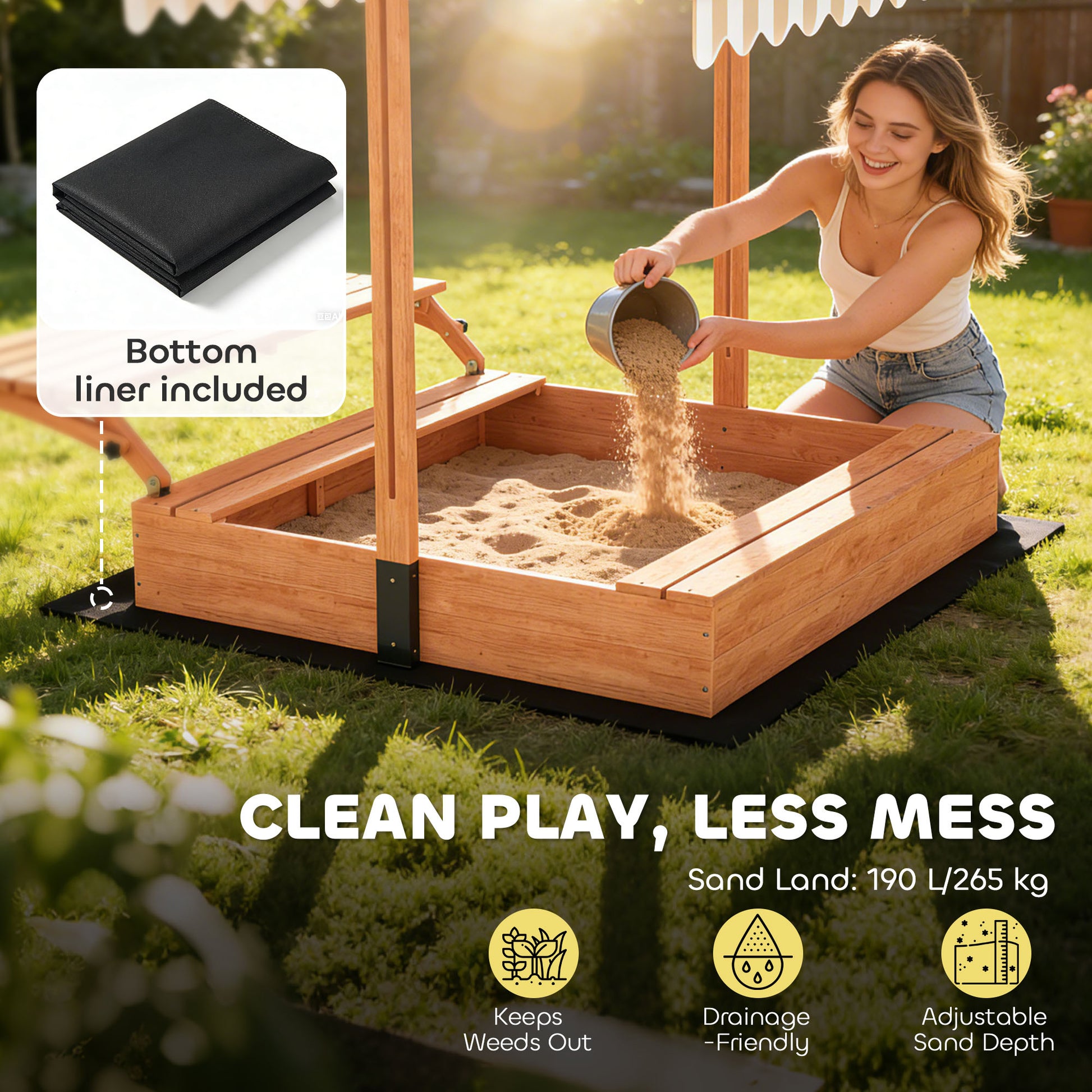 Qaba Kids Sandbox with Canopy, Wooden Sand Box with Foldable Picnic Table, Bench Seats, Liner, Cover, Gift for Ages 3-8
