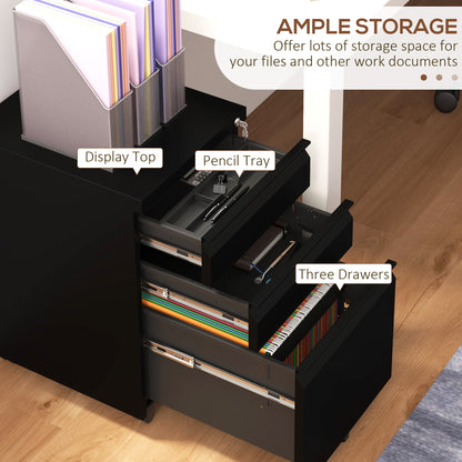 3 Drawer File Cabinet with Lock, Steel Vertical Filing Cabinet with 5 Wheels and Hanging Bar for A4/Legal/Letter, Home O