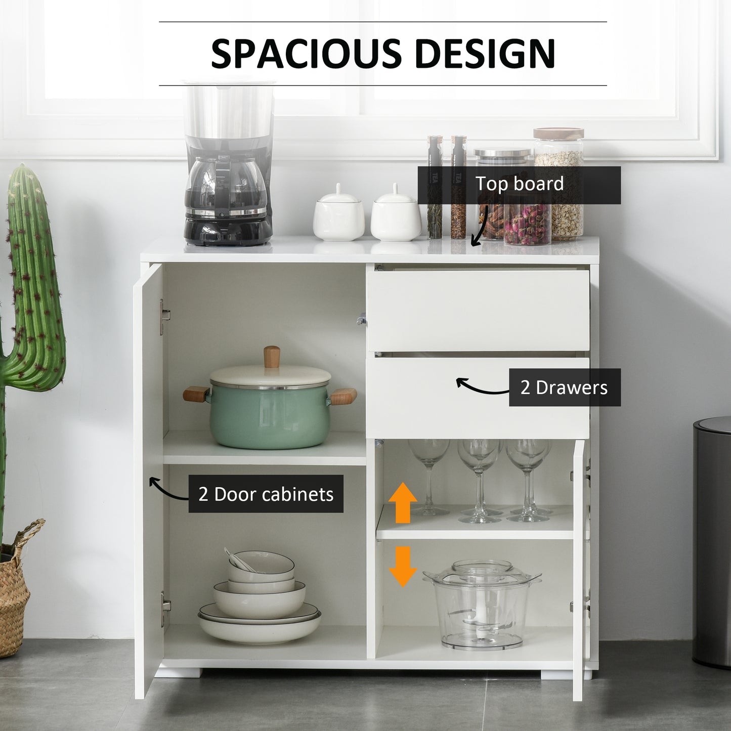 High Gloss Buffet Sideboard with 2 Drawers, 2 Doors and Adjustable Shelf, Kitchen Storage Cabinet with Push Open Design,
