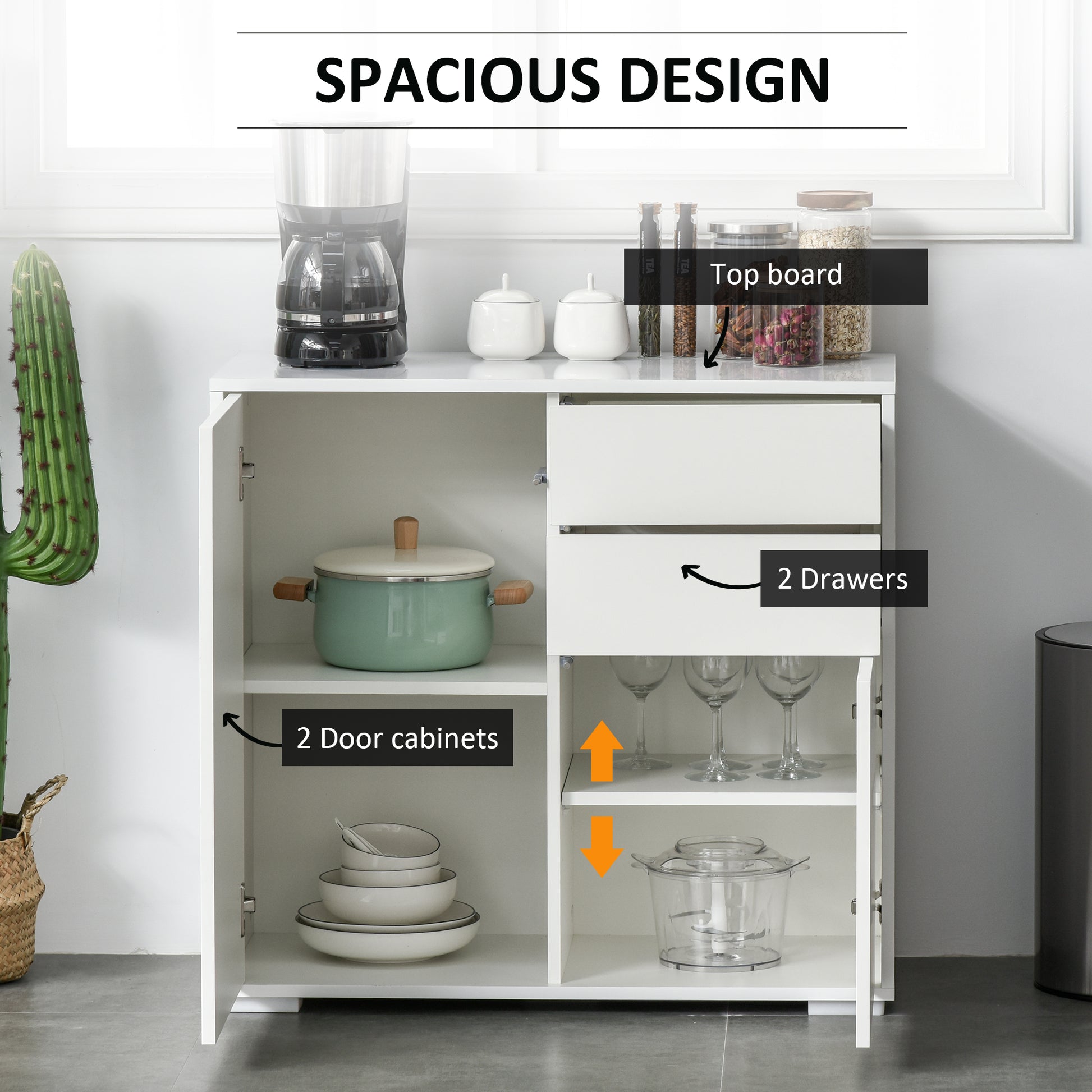 High Gloss Buffet Sideboard with 2 Drawers, 2 Doors and Adjustable Shelf, Kitchen Storage Cabinet with Push Open Design,