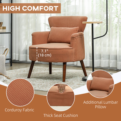 Modern Accent Chair, Upholstered Armchair with Solid Wood Legs and Lumbar Pillow for Living Room, Orange
