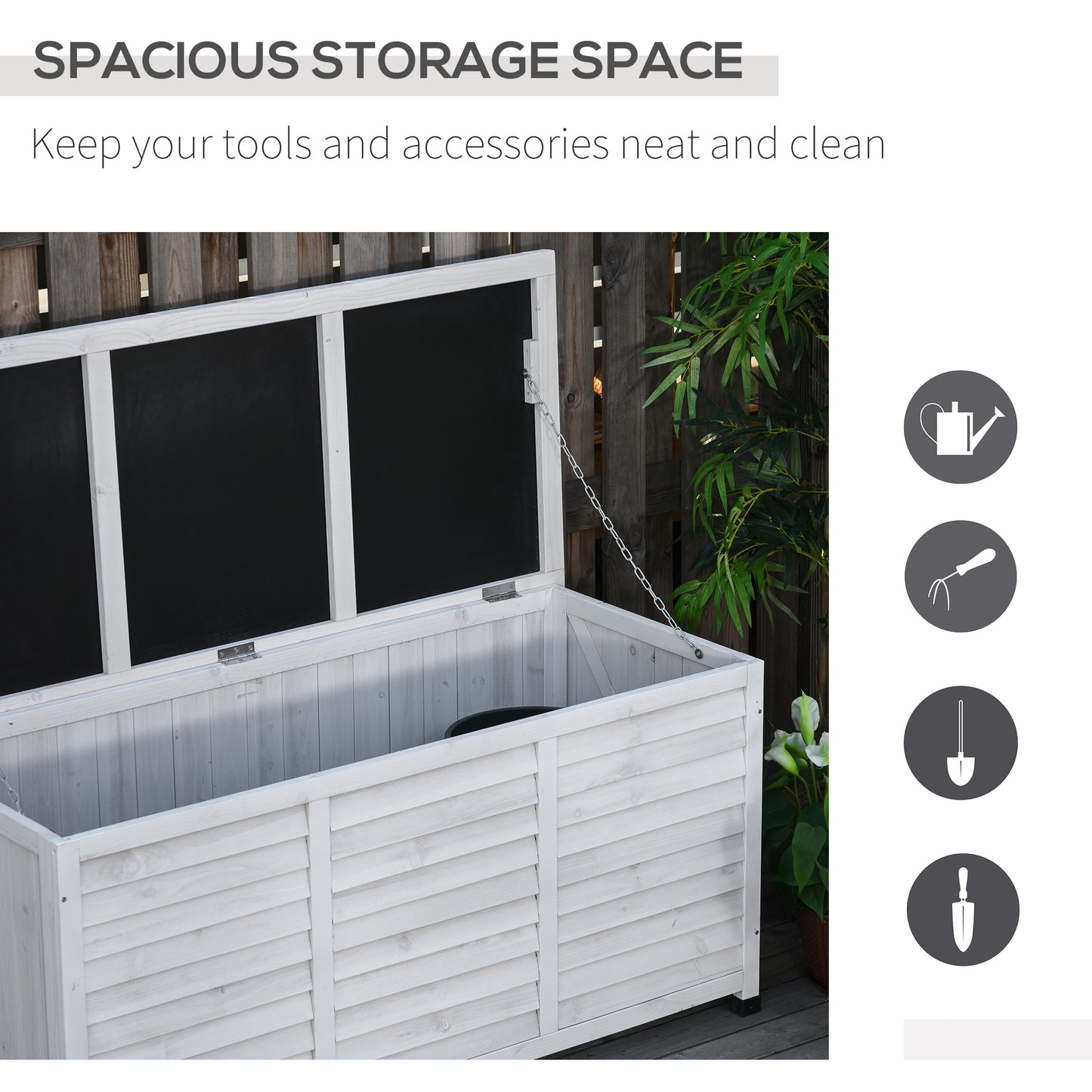 75 Gallon Wooden Storage Box patio Deck Box Bench, Garden Backyard Outdoor Storage Container with Aerating Gap & Weather