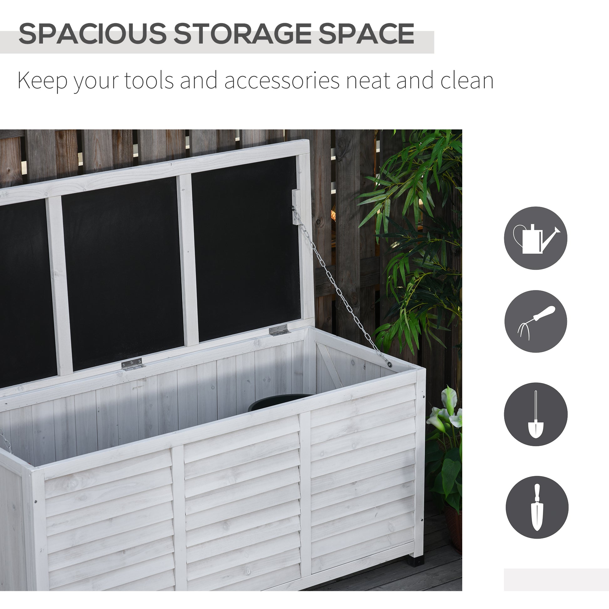 75 Gallon Wooden Storage Box patio Deck Box Bench, Garden Backyard Outdoor Storage Container with Aerating Gap & Weather