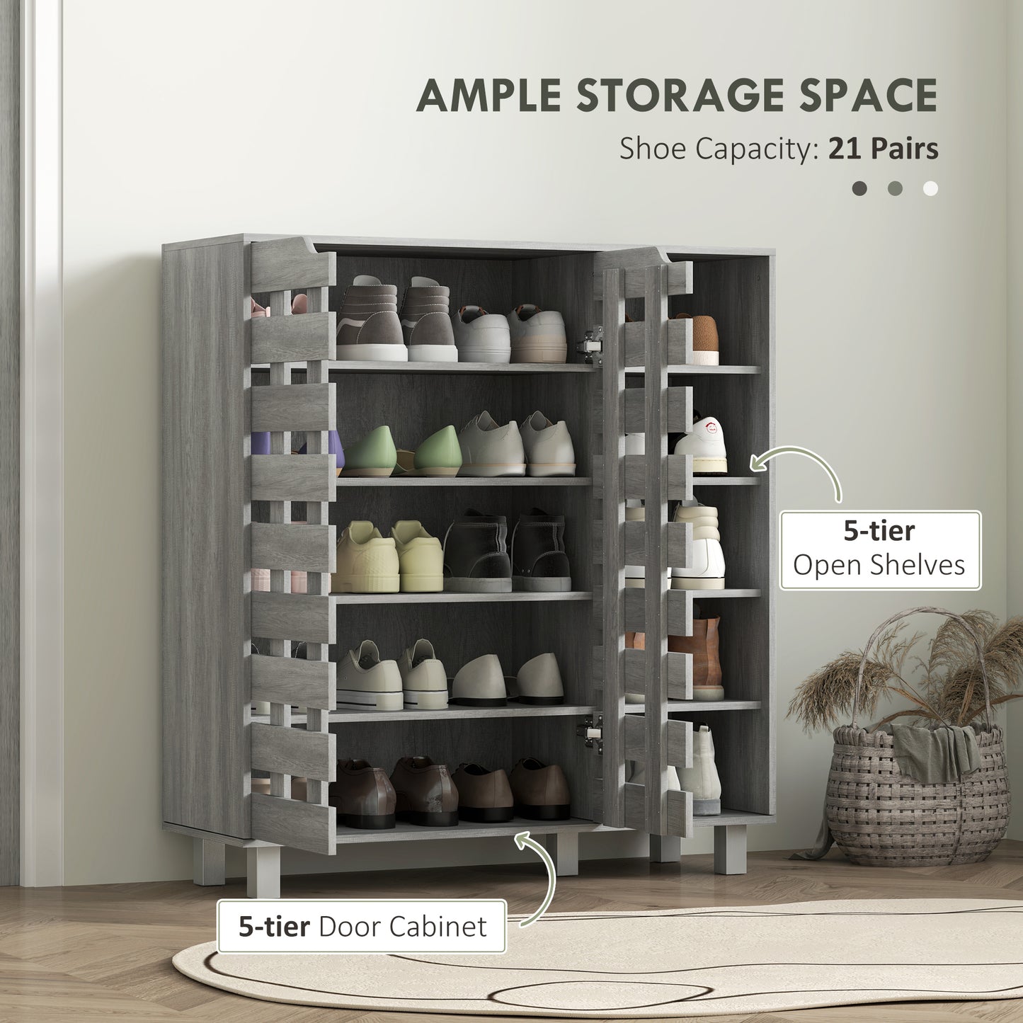 Shoe Cabinet, 21 Pair Shoe Storage Cabinet Organizer with 5-tier Double Door Cabinet and 5-tier Open Shelves, Light Grey