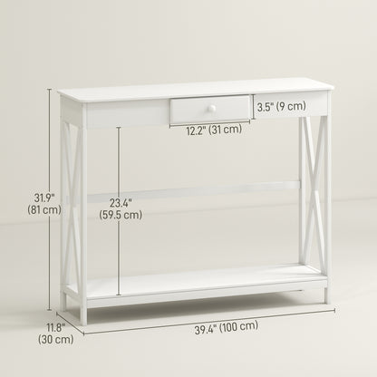 39" Console Table, 2 Tier X-Design Narrow Entryway Table with Drawer and Storage Shelf for Behind Couch, Living Room, Ha