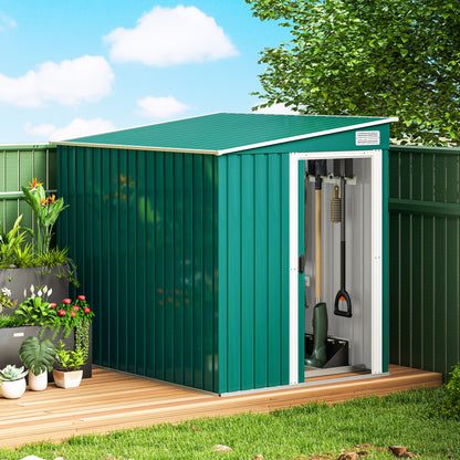 5'x7' Lean-to Galvanized Metal Shed with Foundation, Garden Tool Storage House with Sliding Door and 2 Vents, Green