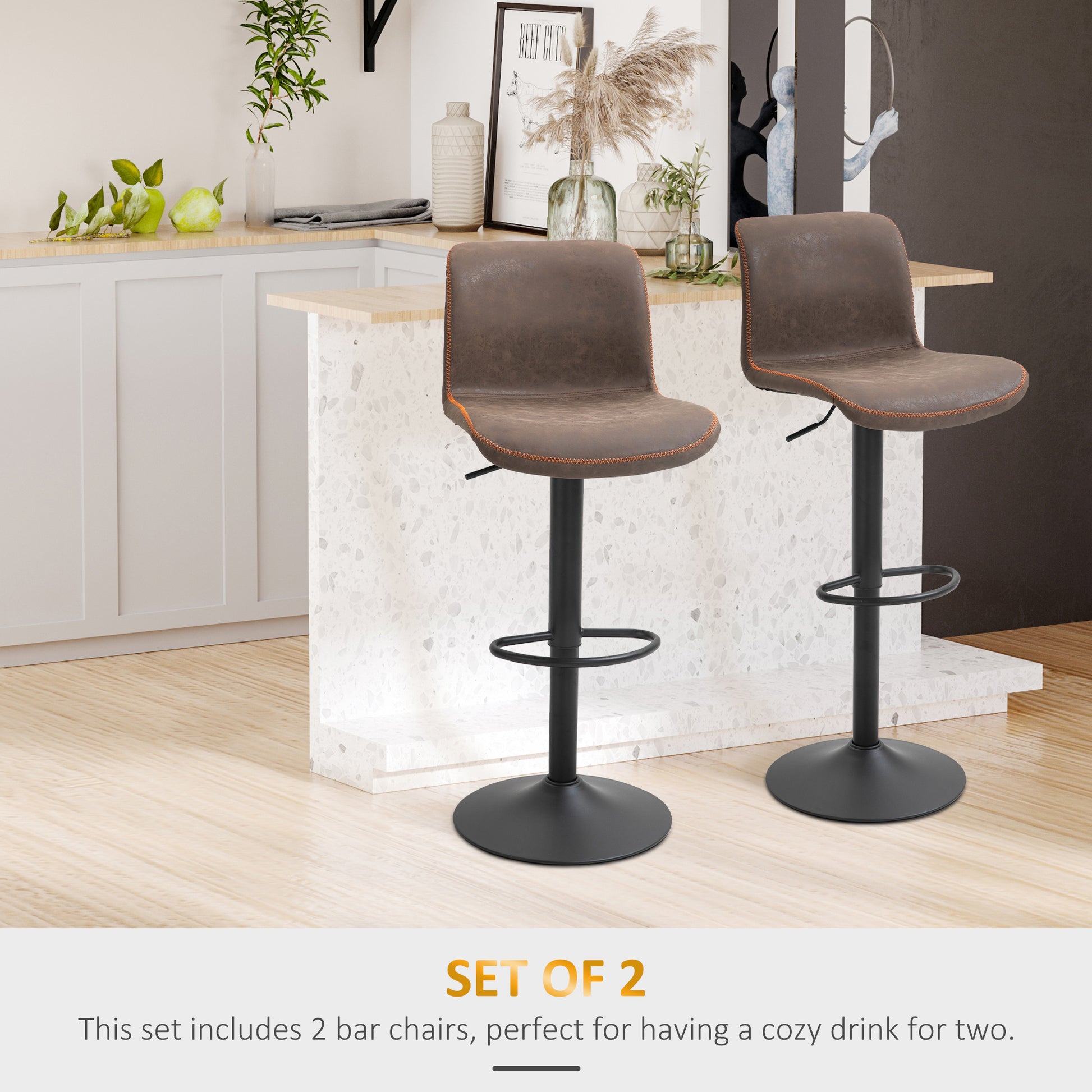 Bar Stools Set of 2, Swivel Counter Height Bar Stools with Adjustable Height and Footrest, PU Leather Upholstered Kitche