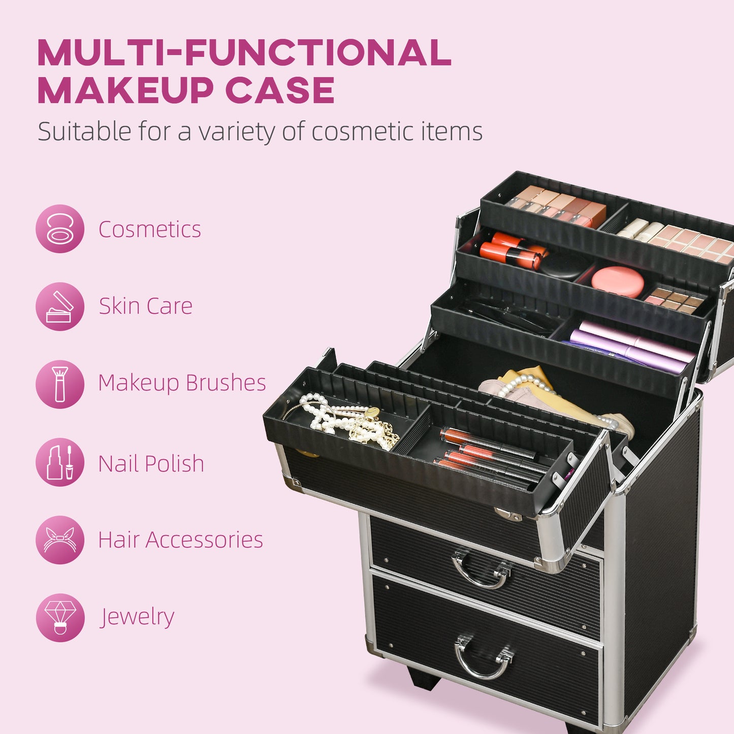 Aluminum Rolling Makeup Train Case, Portable Professional Cosmetic Makeup Case, Lockable Traveling Cart Trunk with Foldi