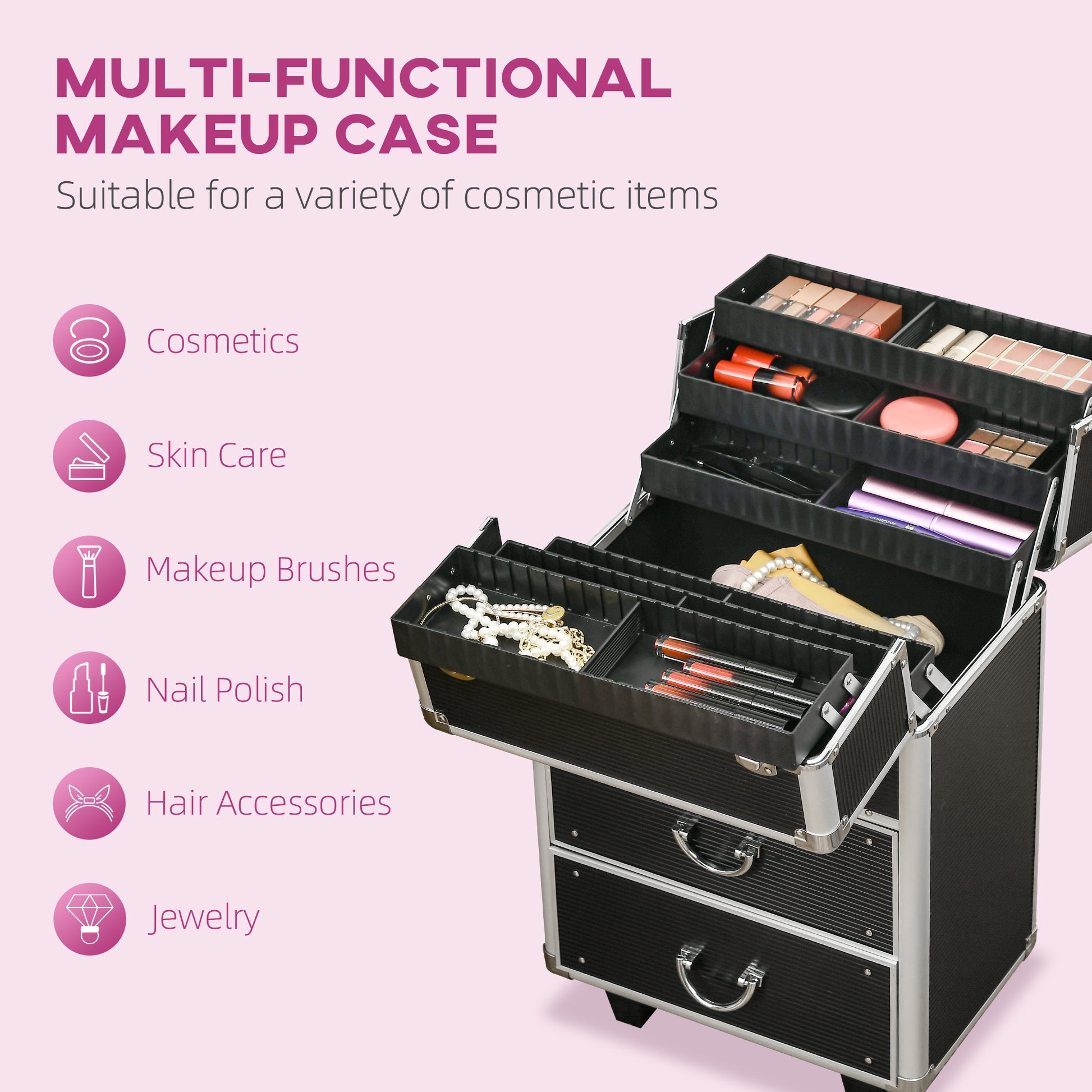 Aluminum Rolling Makeup Train Case, Portable Professional Cosmetic Makeup Case, Lockable Traveling Cart Trunk with Foldi