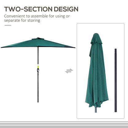 9ft Half Round Patio Umbrella, Outdoor Market Patio Table Umbrella Parasol with Crank Mechanism, 5 Ribs, Dark Green
