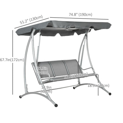 3 Person Patio Swing Seats with Adjustable Canopy Outdoor Swing Chair Bench for Garden, Poolside, Dark Grey
