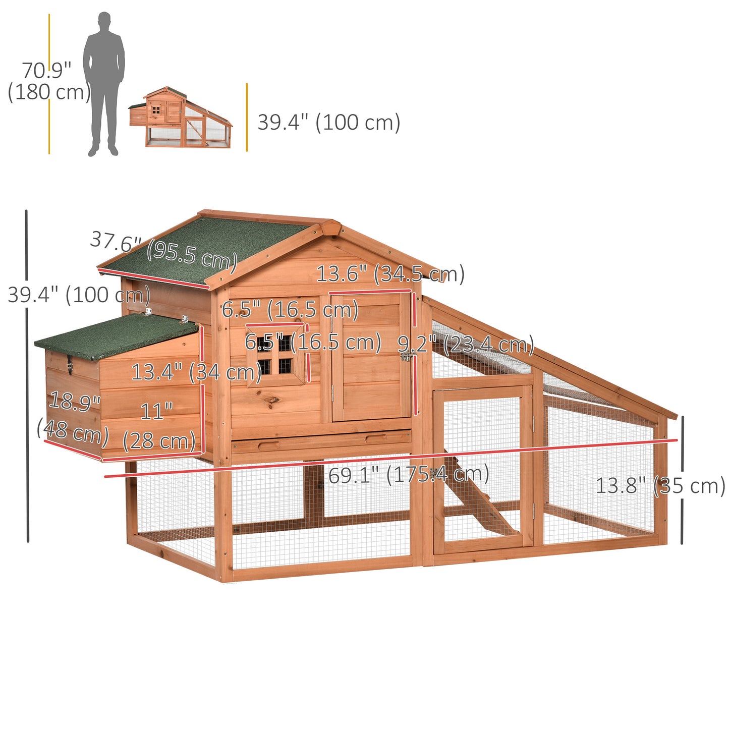 69" Chicken Coop Wooden Hen House Rabbit Hutch Poultry Cage Pen Outdoor Backyard with Outdoor Run Resting Nesting Box Re