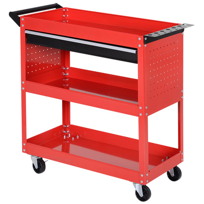 Tool Cart on Wheels, Utility Cart with Wheels, Ball Bearing Drawer, Storage Trays for Garage, Warehouse, Workshop, Red