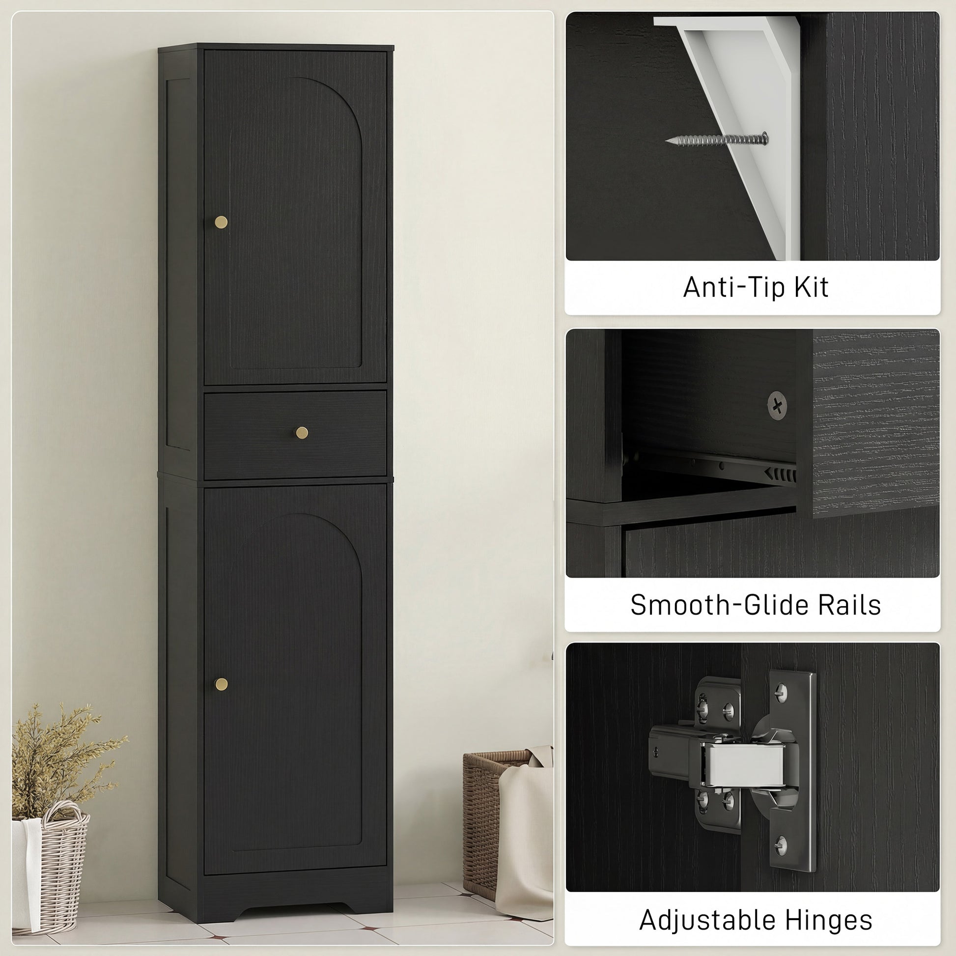 67" Tall Bathroom Cabinet, Slim Bathroom Storage Cabinet with 2 Doors, Drawer and Adjustable Shelf, Black Wood Grain
