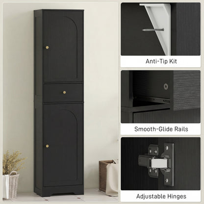 67" Tall Bathroom Cabinet, Slim Bathroom Storage Cabinet with 2 Doors, Drawer and Adjustable Shelf, Black Wood Grain