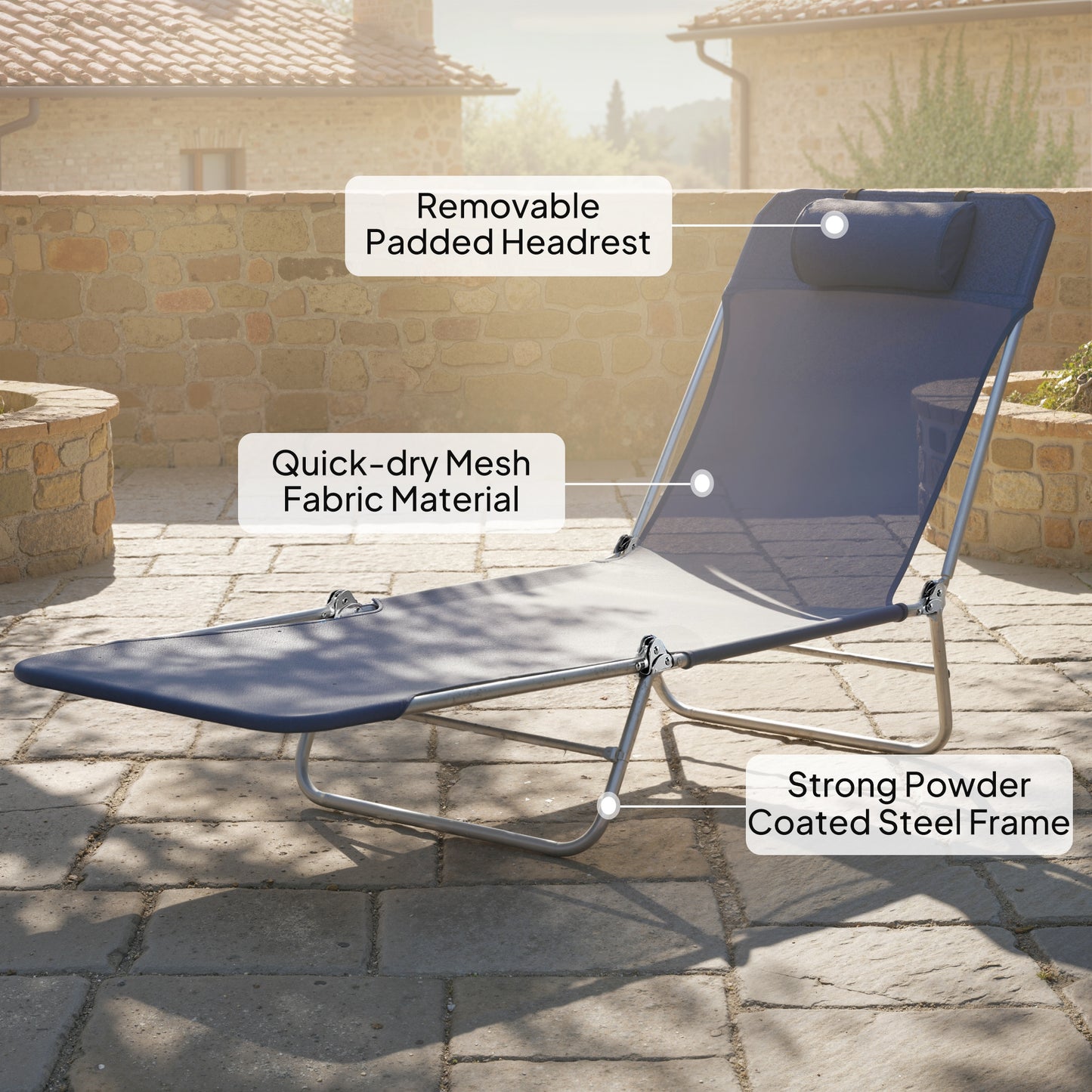 Outdoor Lounge Chair, Portable Adjustable Reclining Seat Folding Chaise Lounge Patio Camping Beach Tanning Chair Bed wit