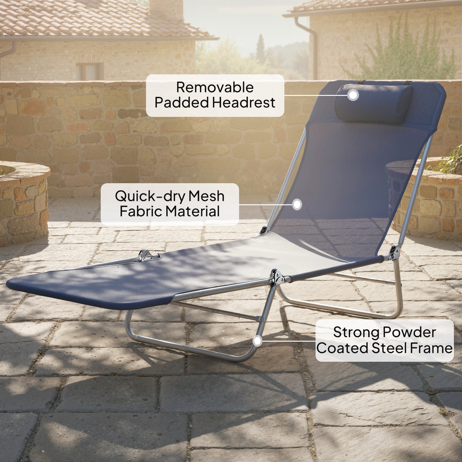 Outdoor Lounge Chair, Portable Adjustable Reclining Seat Folding Chaise Lounge Patio Camping Beach Tanning Chair Bed wit