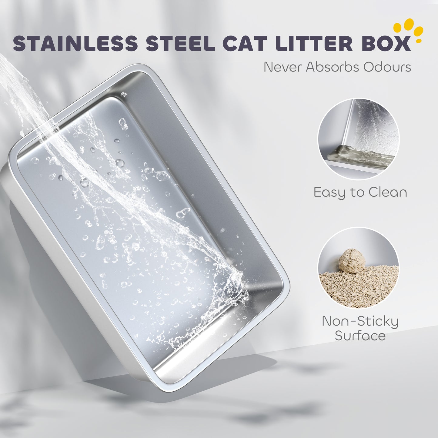 Cat Litter Box Stainless Steel with Metal Litter Scoop, Never Absorbs Odors, Anti Leakage, 24" x 16" x 12", Grey