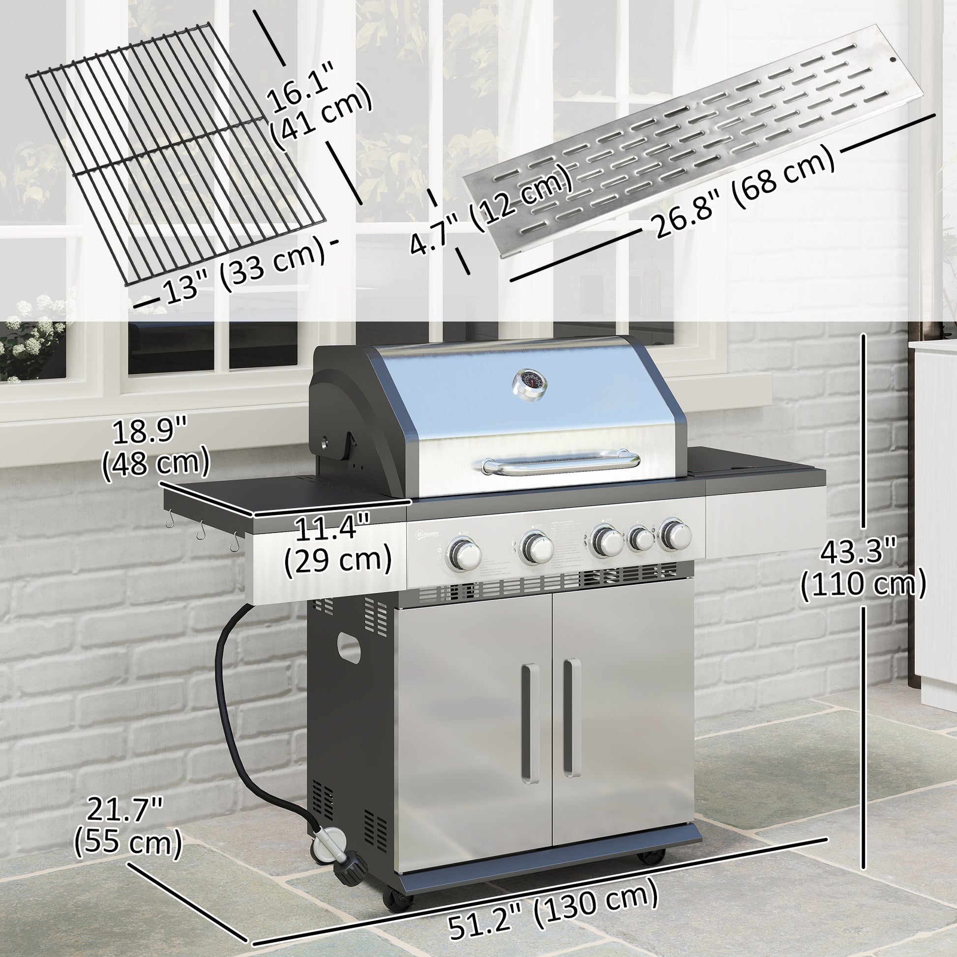 4+1 Burner Liquid Propane Gas Grill Outdoor Portable BBQ with Side Burner, Warming Rack, Side Shelf, Storage Cabinet, Th