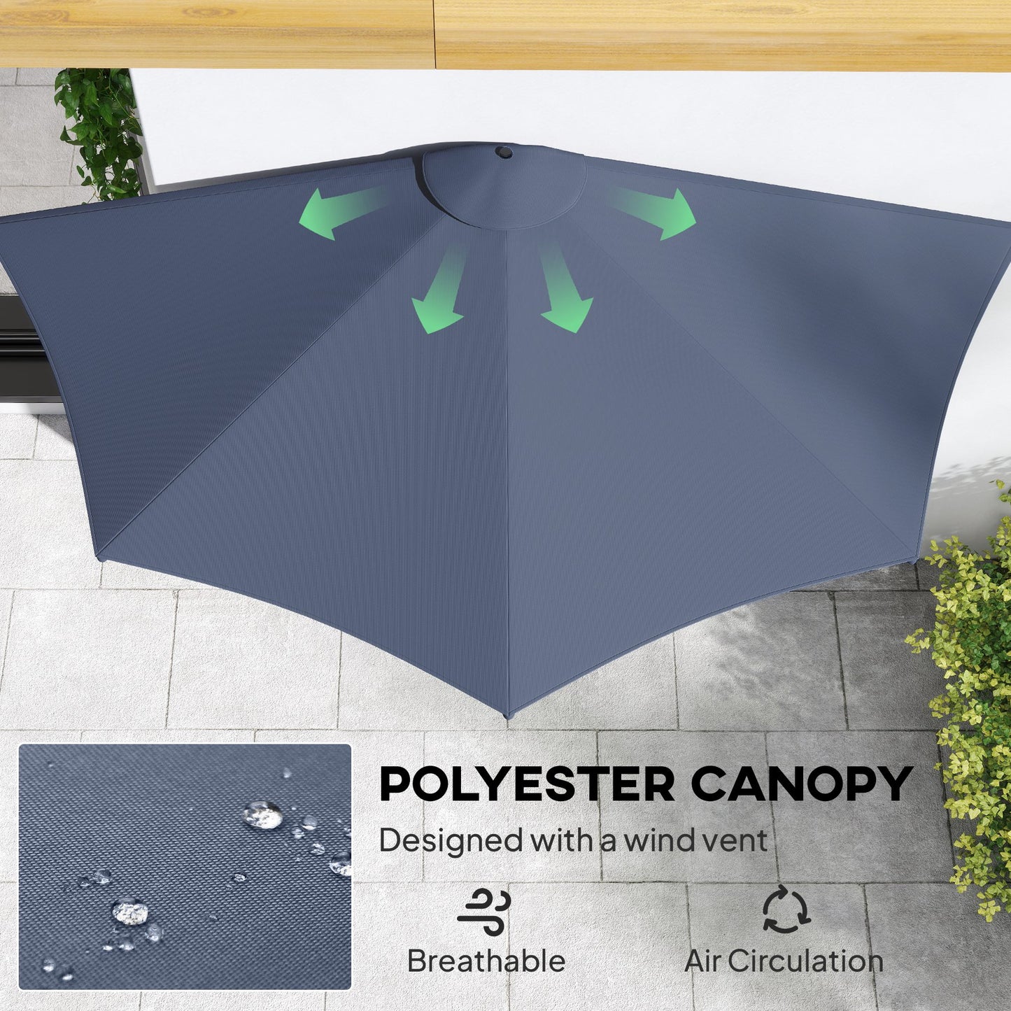 9.8ft Half Umbrella Semi Round Patio Parasol with Crank Handle, Top Vent for Garden, Balcony- NO BASE INCLUDED, Dark Blu