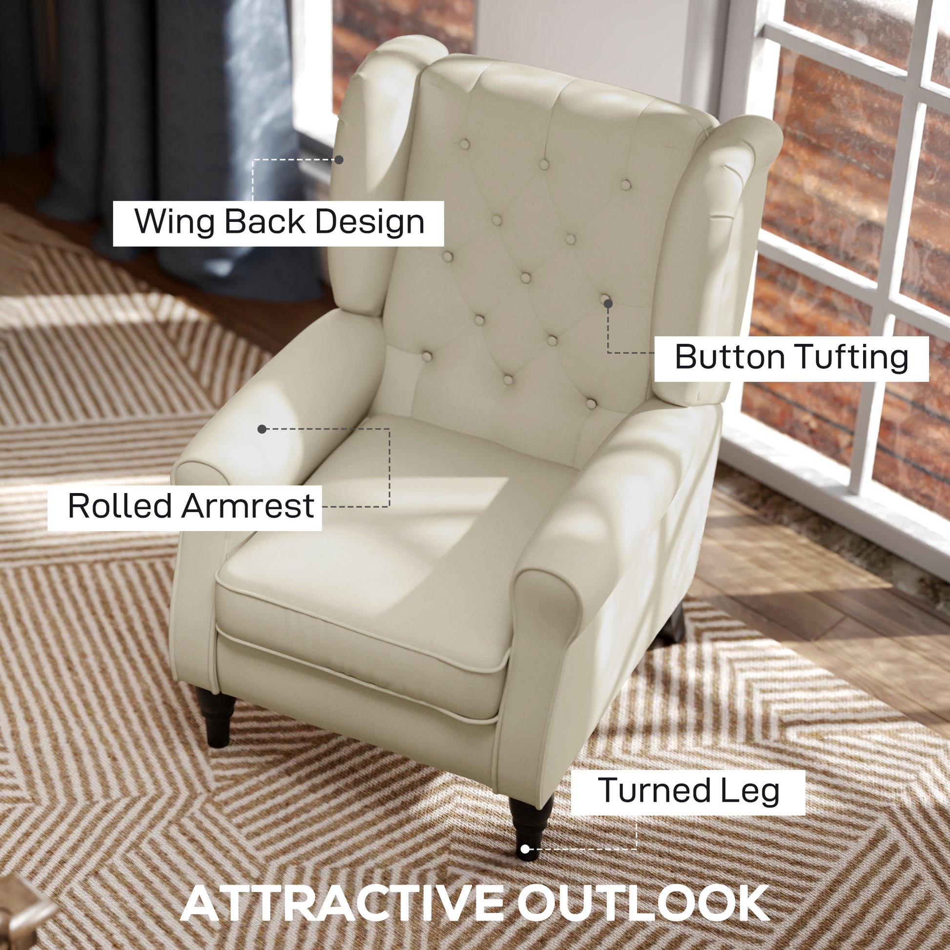 Fabric Accent Chair, Button Tufted Armchair, Upholstered Modern Living Room Chair, Wingback Chair with Wood Legs, Rolled