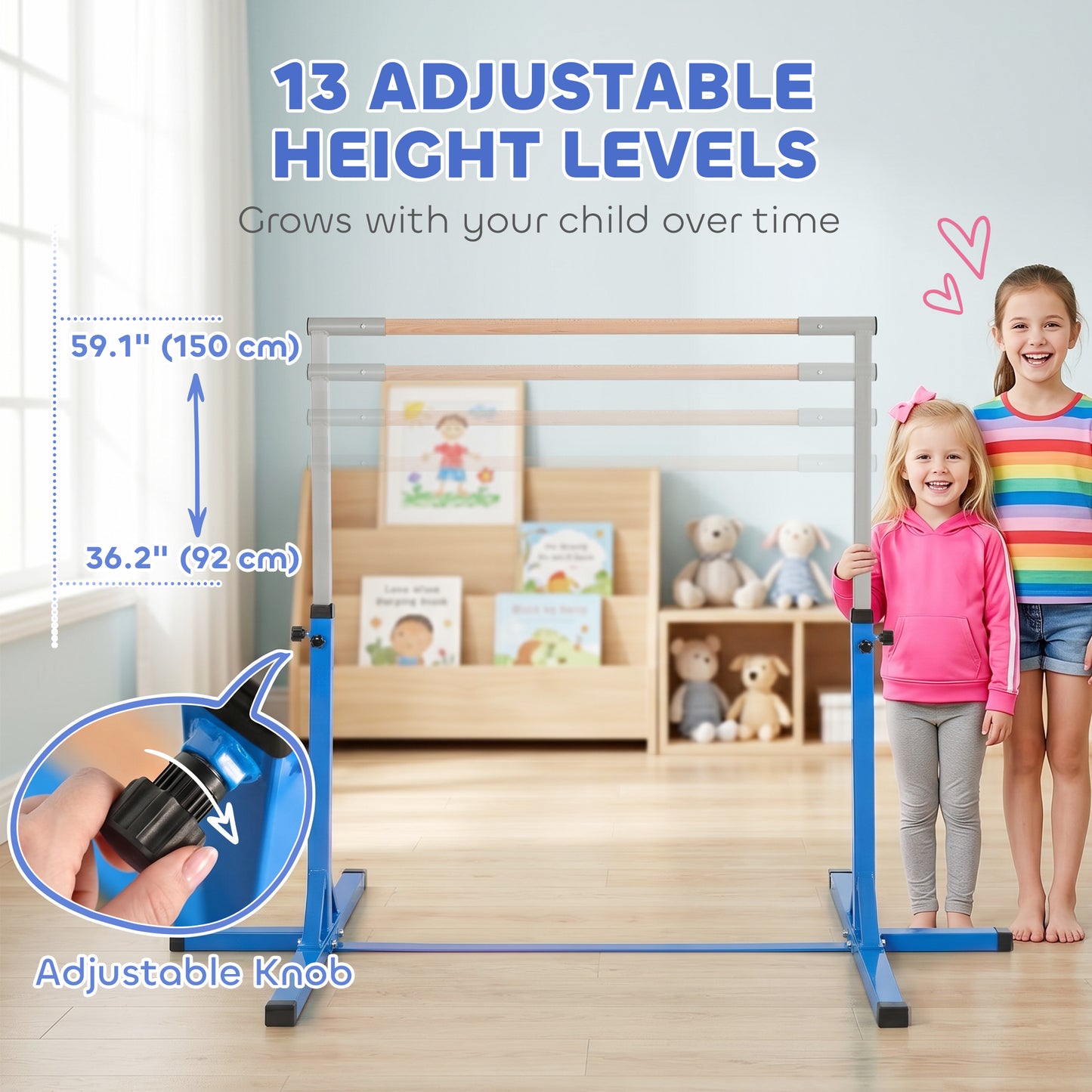Soozier Professional Gymnastics Bar for Kids, Toddler Home Gymnastics Equipment with 13-level Adjustable Height, Blue
