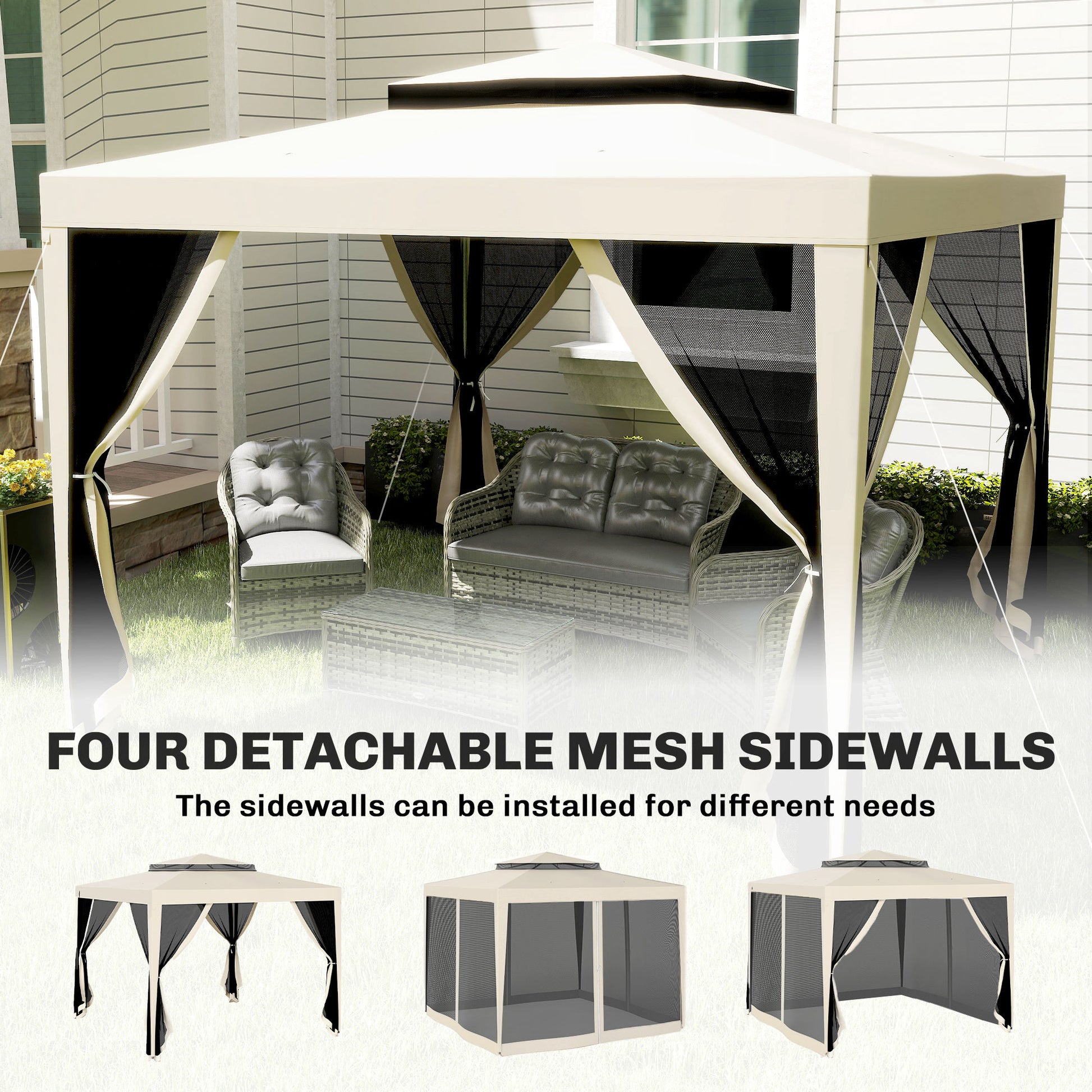 10' x 10' Outdoor Canopy Tent Party Tent with Mesh Netting and Double Tier Roof for Backyard, Garden, Patio, Beige