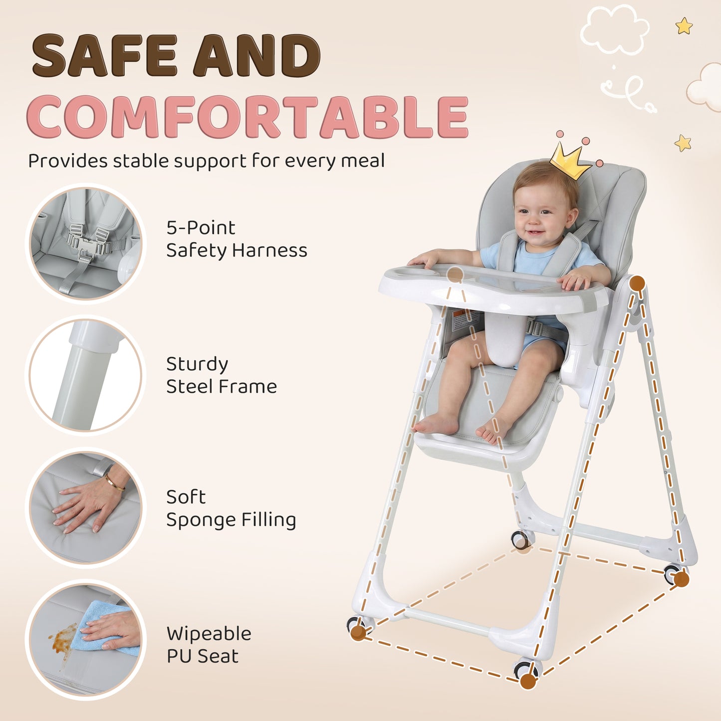 Qaba High Chair with Wheels, Double Tray, Foldable Baby Seat with Adjustable Seat Height, Backrest, Footrest and Tray, G
