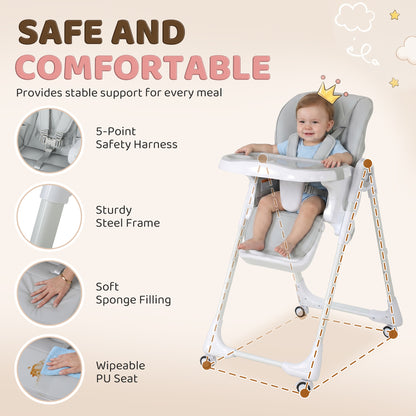 Qaba High Chair with Wheels, Double Tray, Foldable Baby Seat with Adjustable Seat Height, Backrest, Footrest and Tray, G