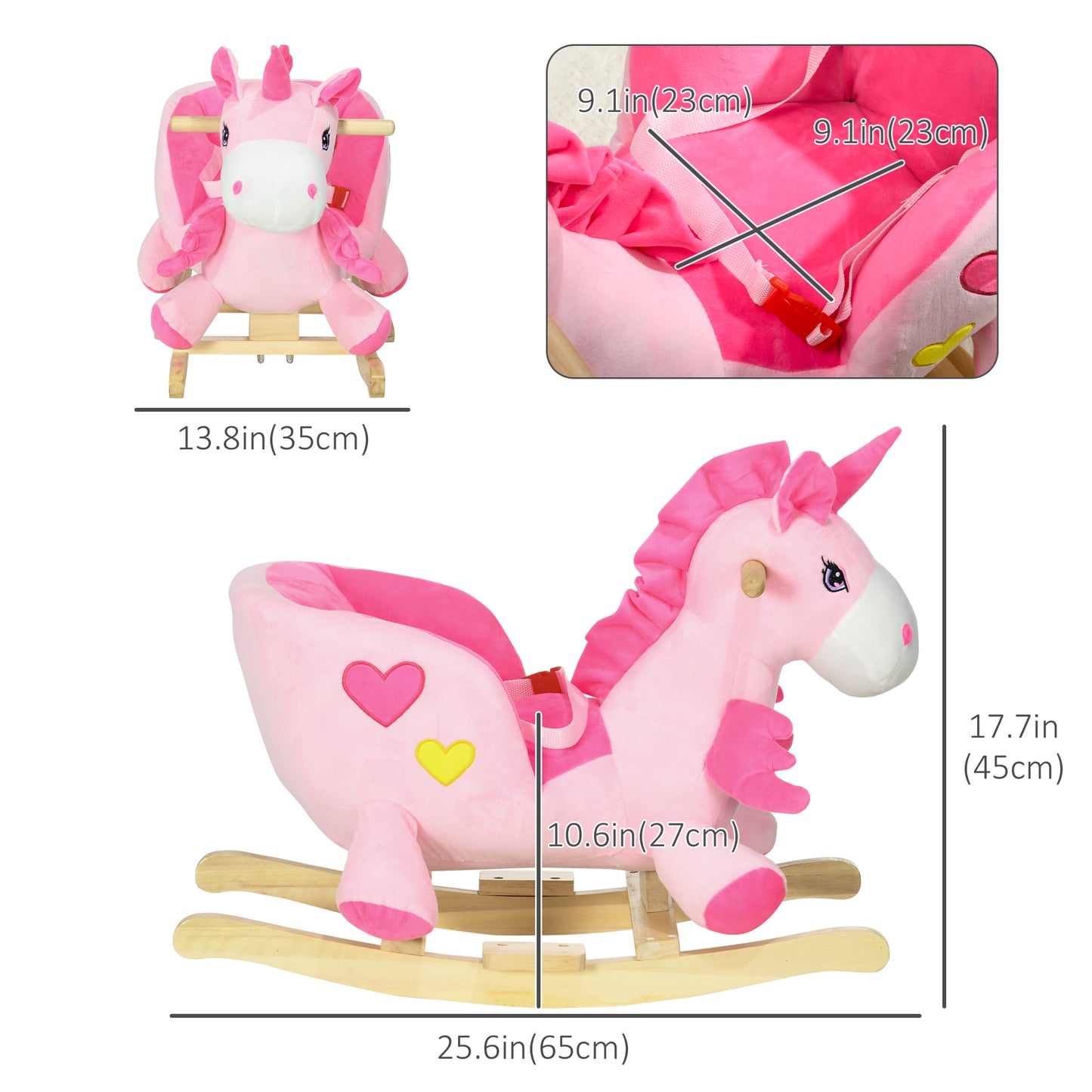 Qaba Baby Rocking Horse, Plush Animal Rocker for Toddlers Aged 18-36 Months, Stuffed Ride Toy with Sounds, Seat Belt, Pi