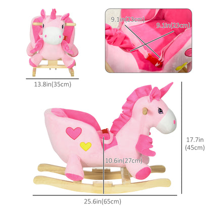 Qaba Baby Rocking Horse, Plush Animal Rocker for Toddlers Aged 18-36 Months, Stuffed Ride Toy with Sounds, Seat Belt, Pi