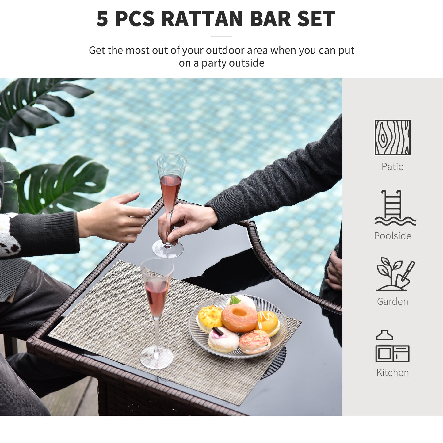 5 Pieces Patio Bar Set, Outdoor PE Rattan Wicker High Top Outdoor Table and Chairs Outdoor Bar Set with Tempered Glass T